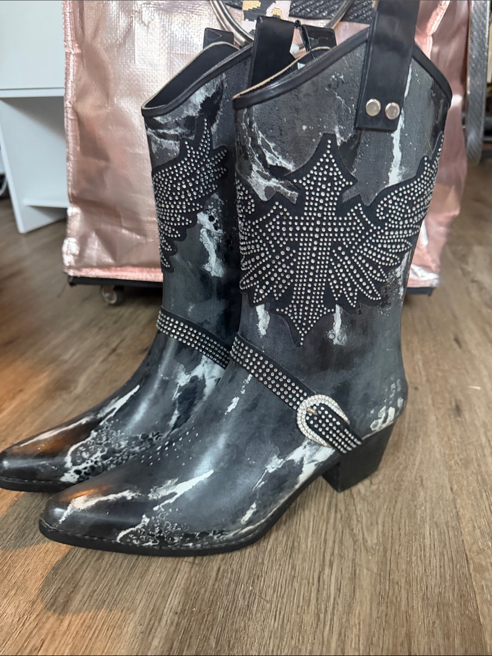 Black Rhinestone Western Ankle Boots for Women. Waterproof! Size 10